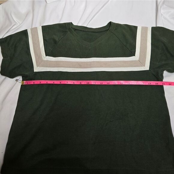 VINTAGE 90s forest green stripe short sleeve boxy knit v-neck top M - Picture 4 of 5